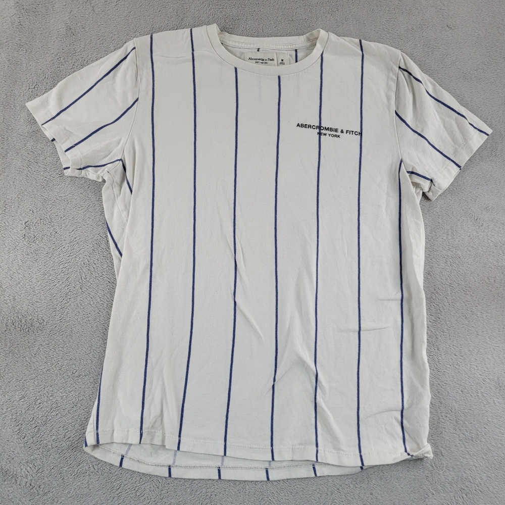Abercrombie & Fitch Men's White Tee with Blue Stripes